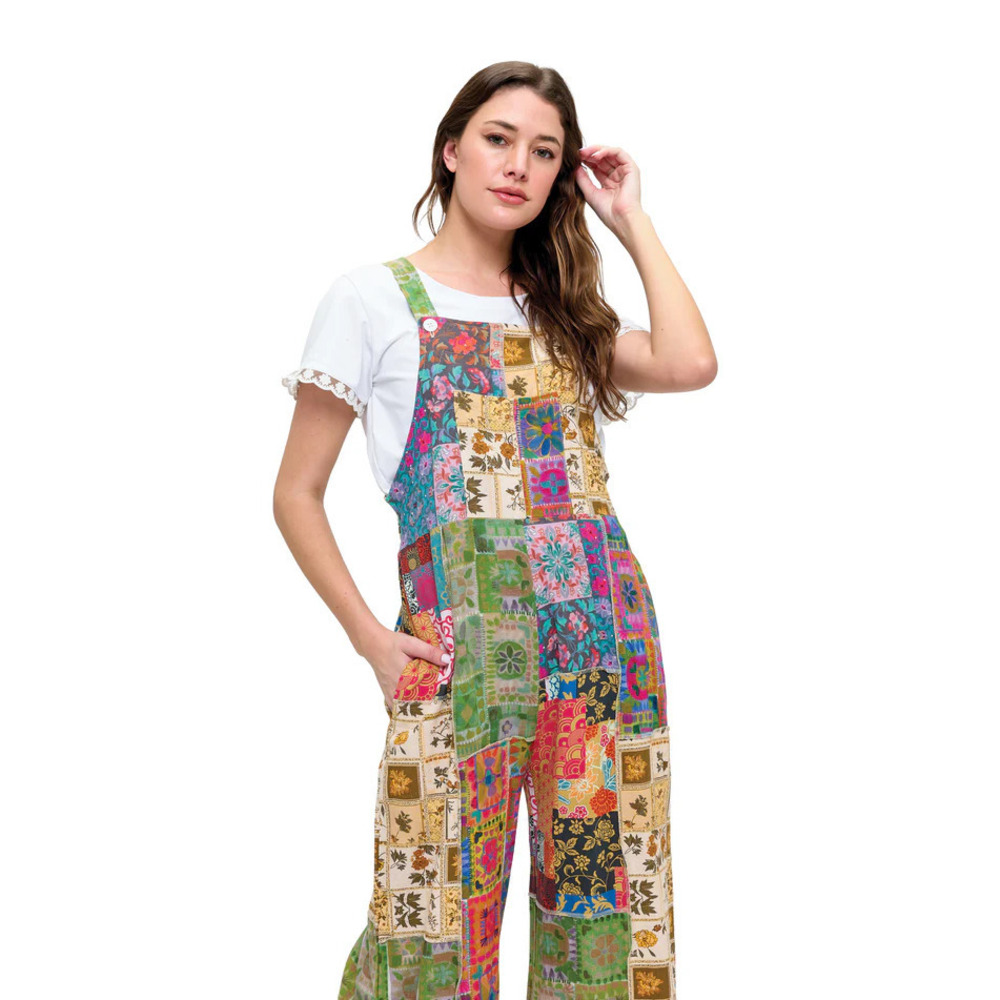 26871 M Yak & Yeti Boho Overall Patchwork Floral Garden Print Various Sizes - Picture 3 of 4